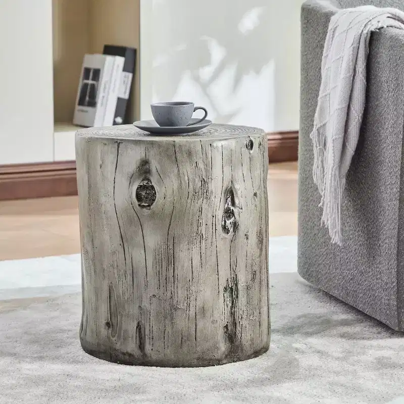 Dara Rustic Round Lightweight Concrete Side Table with Tree-Stump Design