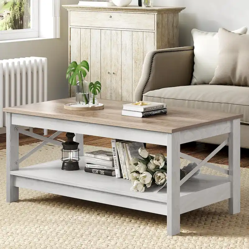Farmhouse Coffee Table with Storage 2-Tier Center Table for Living Room