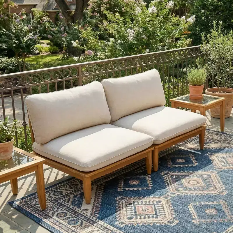Christopher Knight Home Sacova Outdoor Acacia Wood Armless Chair, Teak Finish Frame with Beige Cushion, Set of 2