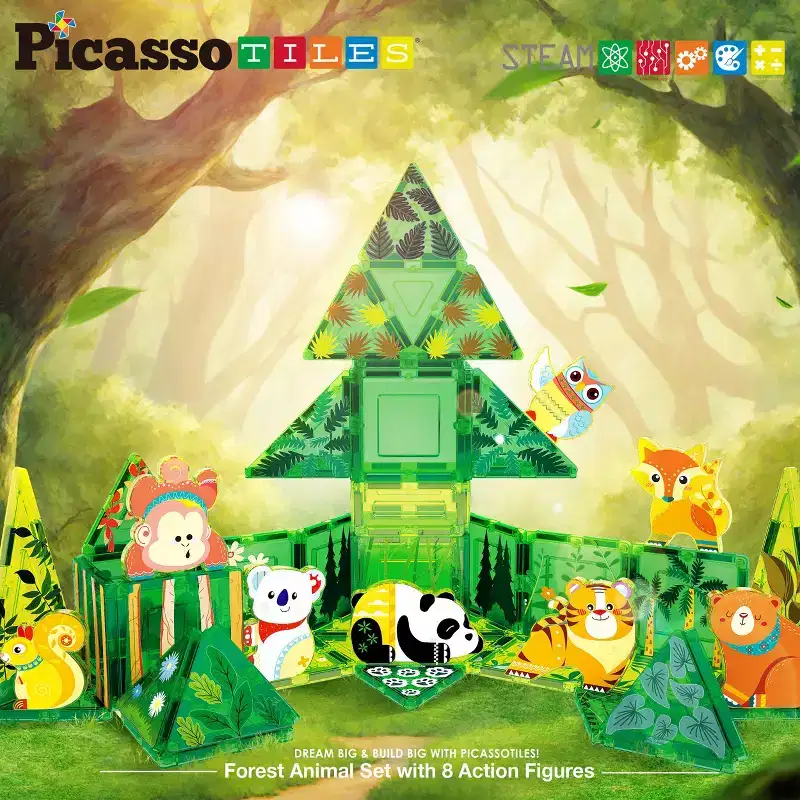 PICASSO-TILES Magnetic Tiles for Kids  Forest Animals Theme 48PCS STEM Construction Building Blocks Educational Toy