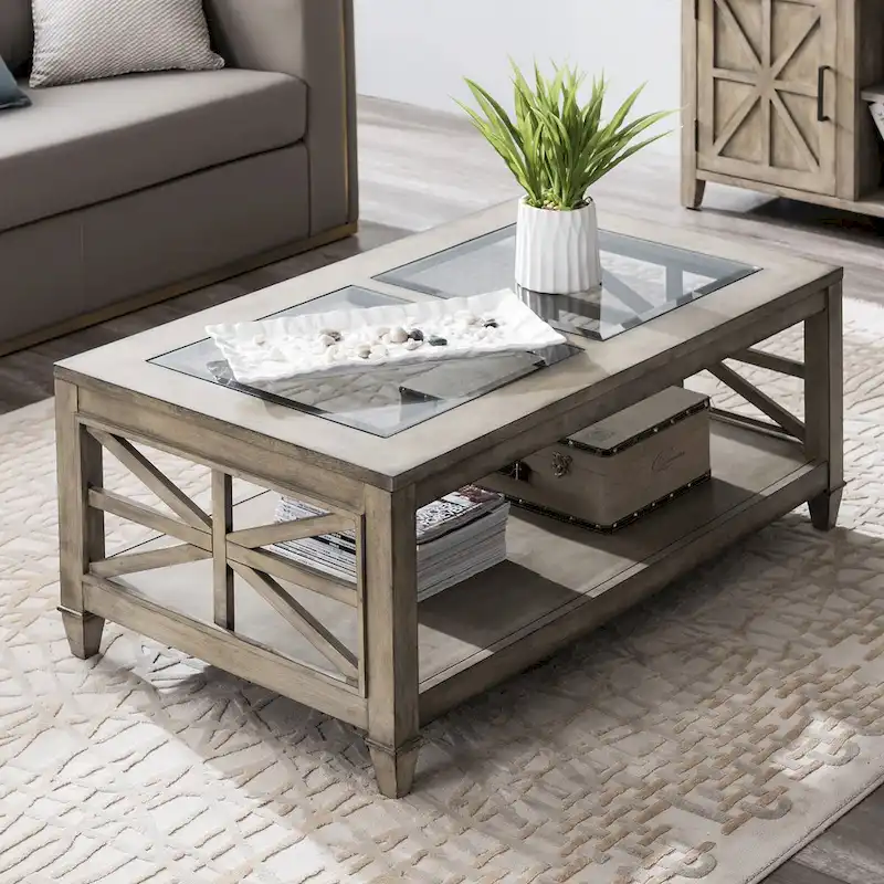 Antique Gray Rectangle Glass Top Coffee Table with Lower Shelf