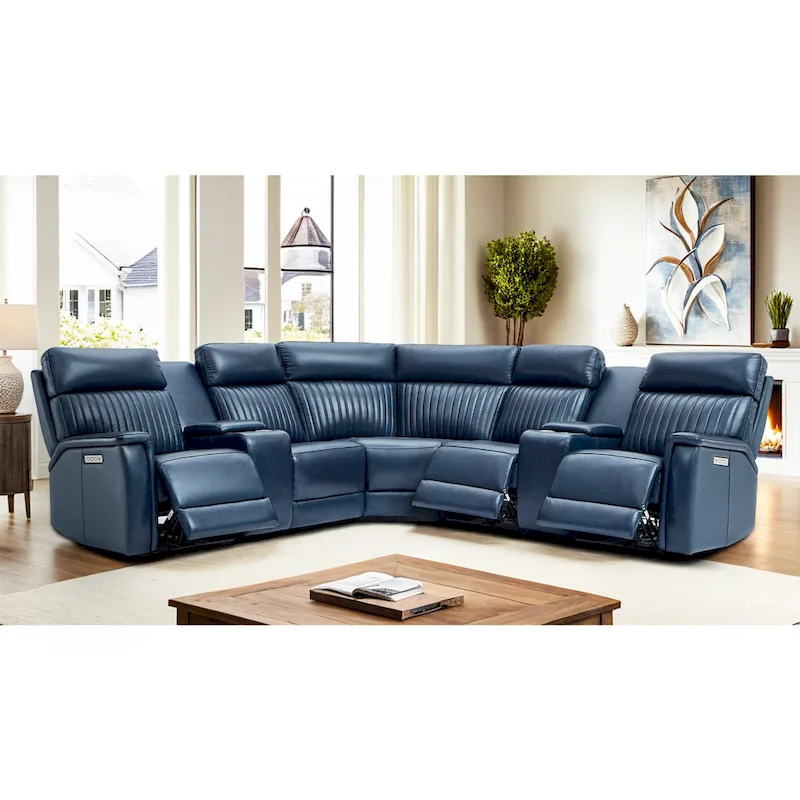 Genuine Leather Power Recliner Sectional Sofa with Ajustable Headrest, Power Lumbar, USB&USB-C Port