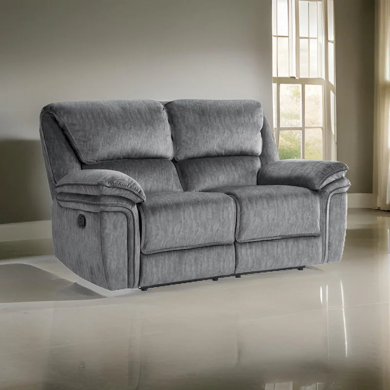 Muir 65 Inch Manual Recliner Loveseat, Tufted Gray Microfiber, Solid Wood