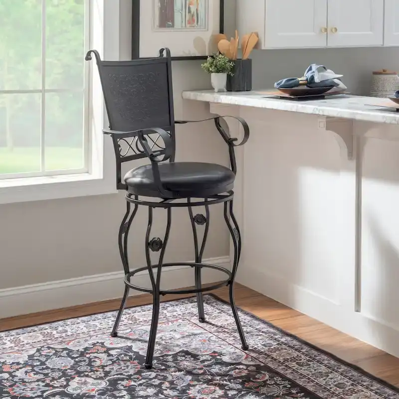 Elle Big & Tall Black Metal Swivel Barstool with Faux Leather Seat