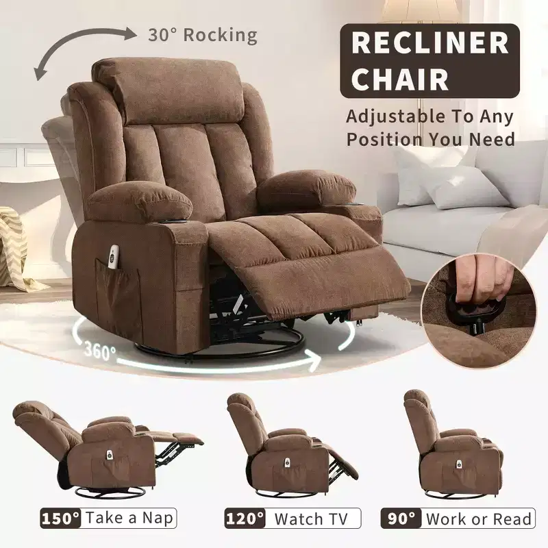 360 Swivel Rocker Recliner Chair with Heat and Massage for Big & Tall Adults, with Remote Control, Cup Holders, Side Pockets, USB Charge Port