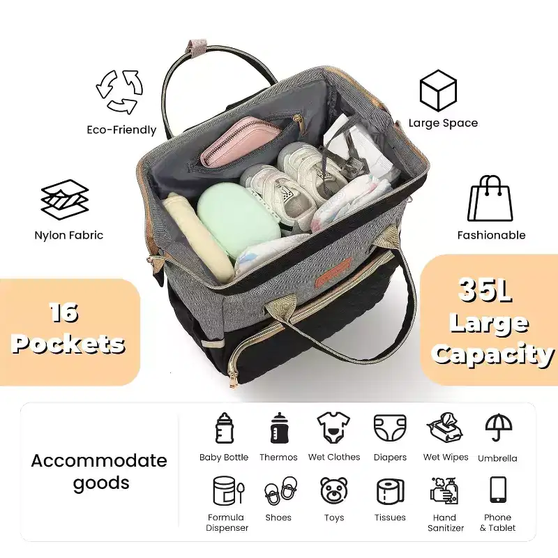 Diaper Bag Backpack with Changing Pad, Pacifier Case, Large, Black Grey