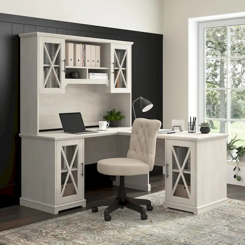 L Shaped Desk with Hutch and Storage Cabinets