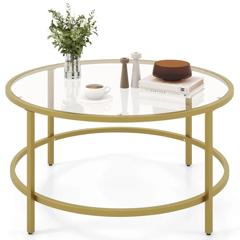36-Inch Round Coffee Table – Golden, Tempered Glass Top, Metal Frame, Modern Style
