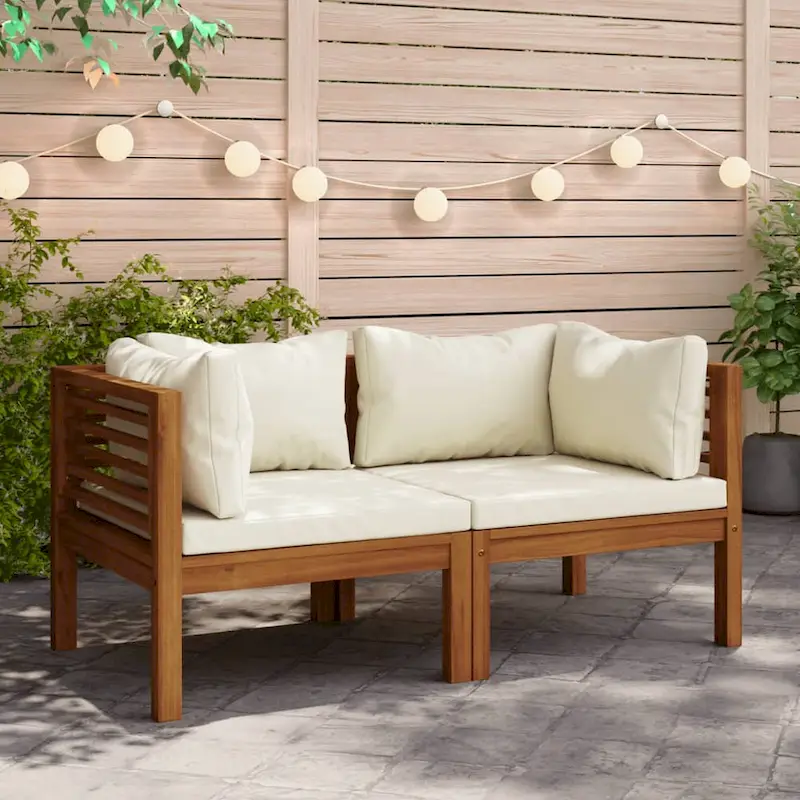 Lina 2pc Outdoor Modular Loveseat, Acacia Wood, Cream White Cushions
