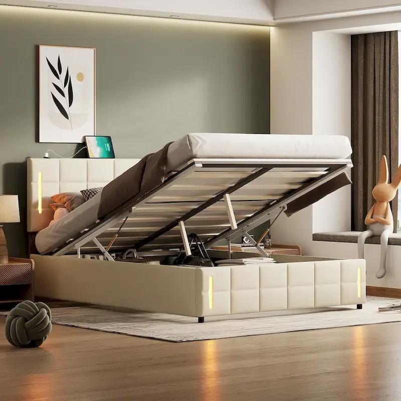Gray / Beige Upholstered Platform Bed with LED Lights & Storage — Queen, 2-Person