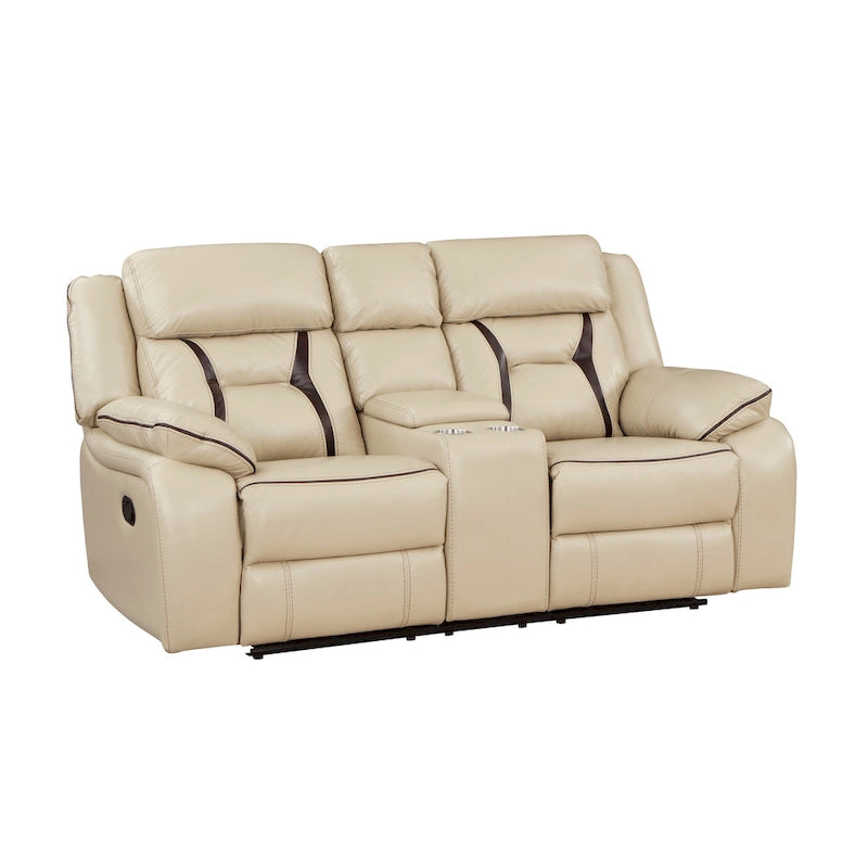 Millie 76 Inch Manual Dual Recliner Loveseat, Cupholder, Beige Faux Leather