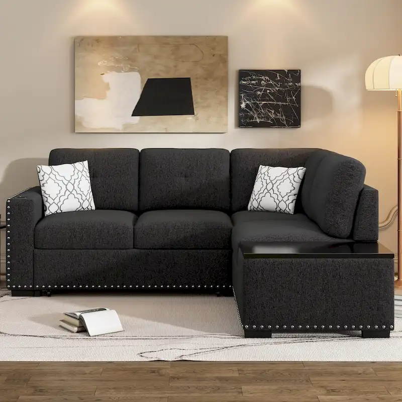 Pull-Out Sofa Bed, L-Shaped Corner Sofa Couch Nailhead Trim Lounge Sofa with Storage Ottoman and USB Ports, Cup Holder Black