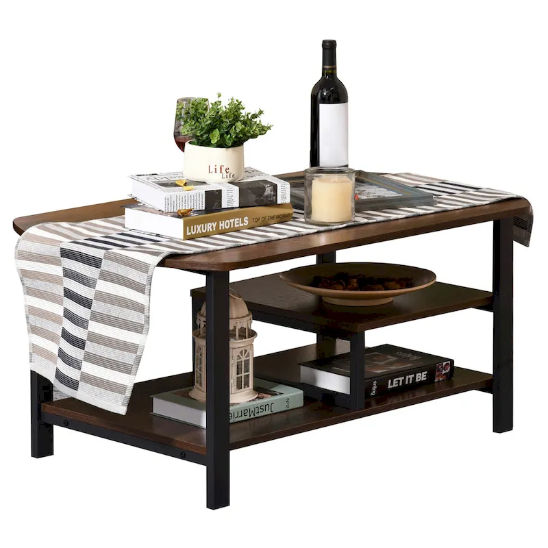 HOMCOM Vintage Industrial Coffee Table with Under-Top Storage Shelves and Rounded Corners, Dark Wood