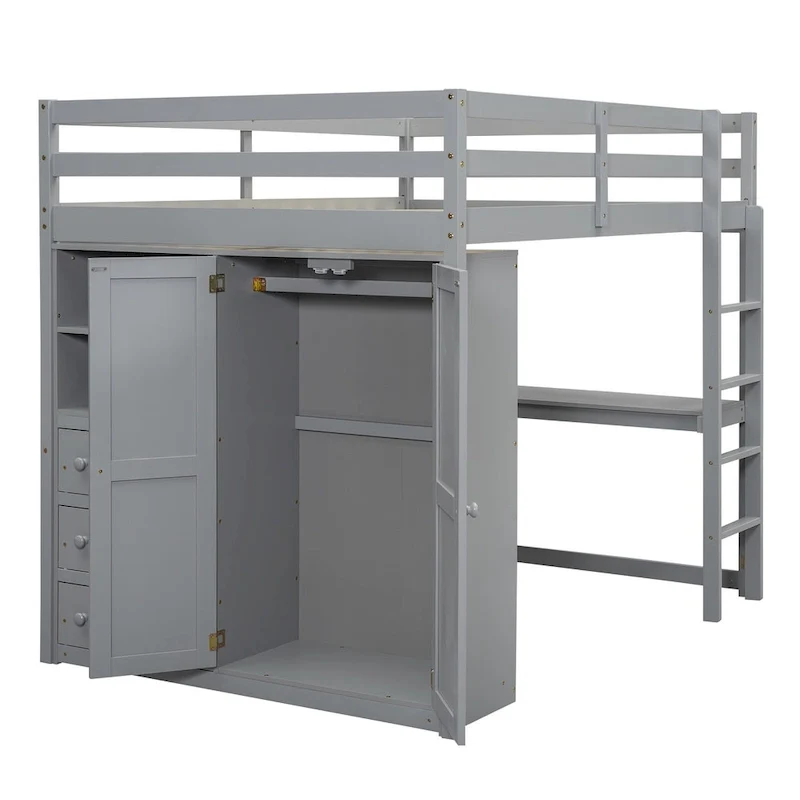 Gray Full Size Solid Wood Loft Bed with Built-in Wardrobe, Desk and Shelves