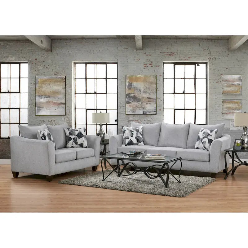 Roundhill Furniture Duleek 2-Piece Living Room Set, Sofa and Loveseat, Herringbone Silver