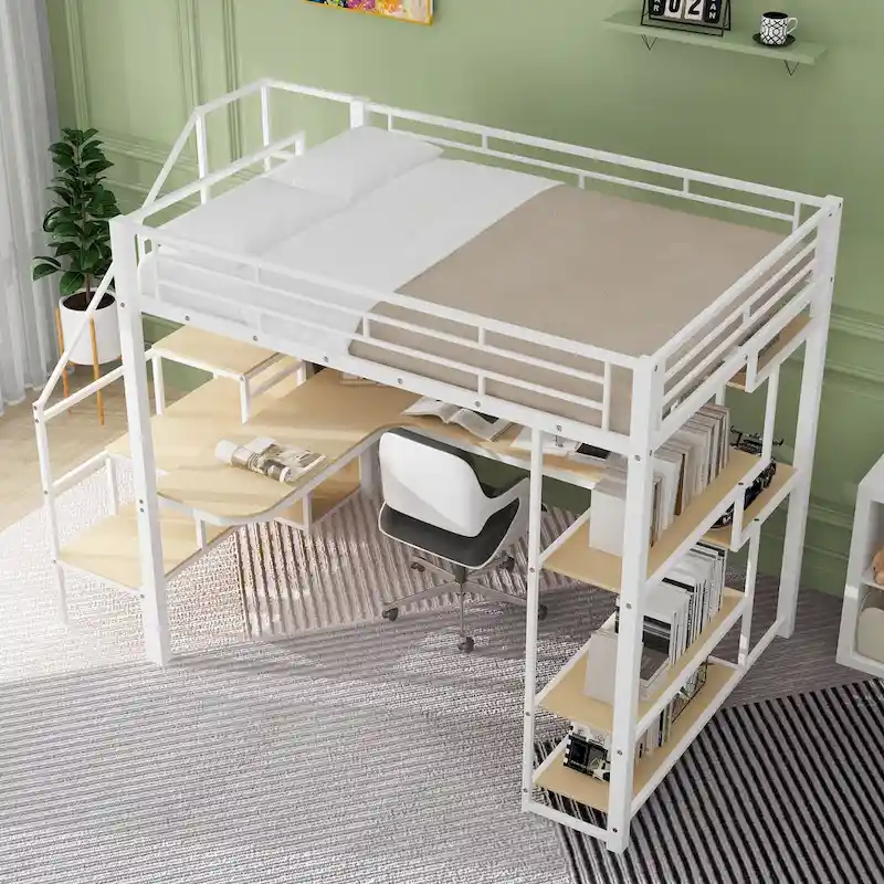 Full Size Metal Loft Bed with Storage Staircase, Wardrobe, Desk and Shelves