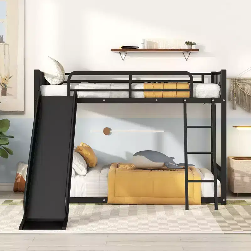 Whisen Modern Style Twin over Twin Metal Bunk Bed with Slide, Easy to Assemble