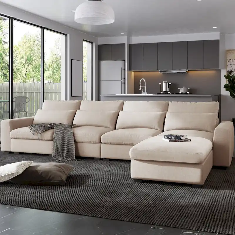L-Shape Sectional Sofa with Reversible Chaise and Feather-Filled Cushions