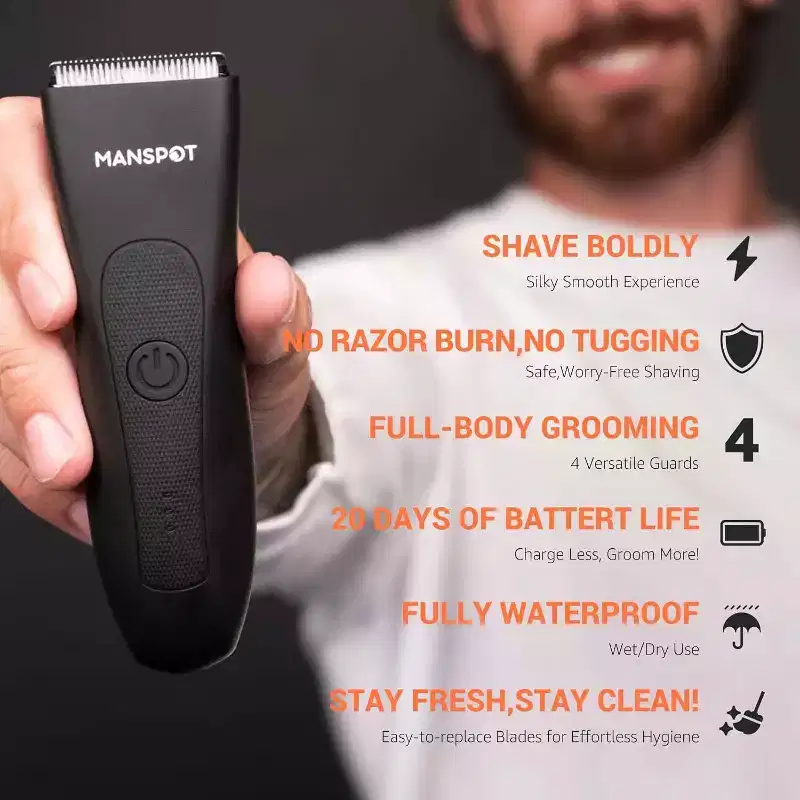 Manspot Groin & Body Hair Trimmer for Men with 4 Guard,Replaceable Ceramic Blade Heads,Waterproof Wet/Dry Shaver, Black