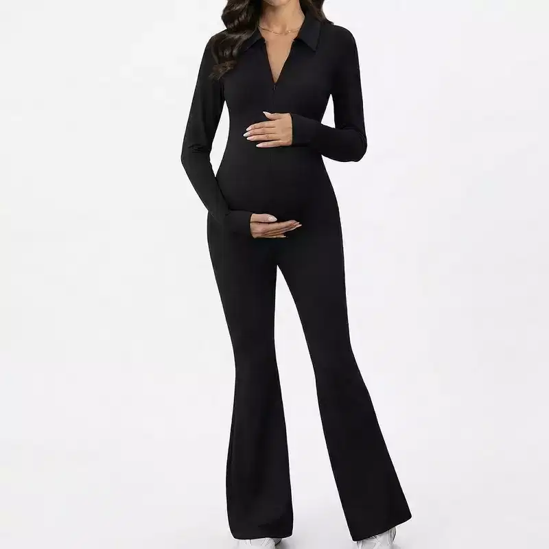 Anna-Kaci Women's Maternity Long Sleeve Jumpsuit with Collar V Neck Stretch Fabric Flare Leg Fitted Comfortable Design