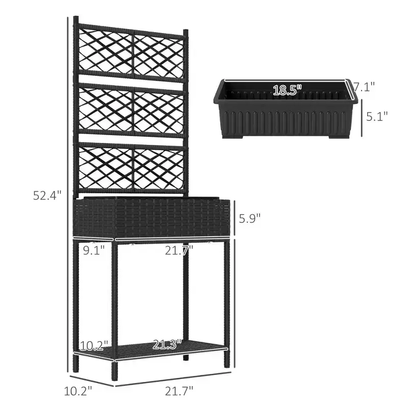 NAYSAYE Freestanding Rattan Garden Box Outdoor Wicker Planter with Trellis and Storage Shelf for Climbing Plants Vegetables and Flowers, Black