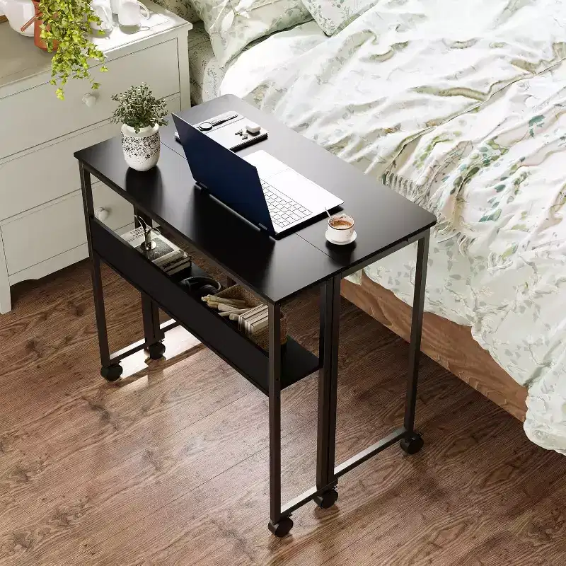 Folding Desk with Storage Shelf and Rolling Wheels for Home Office