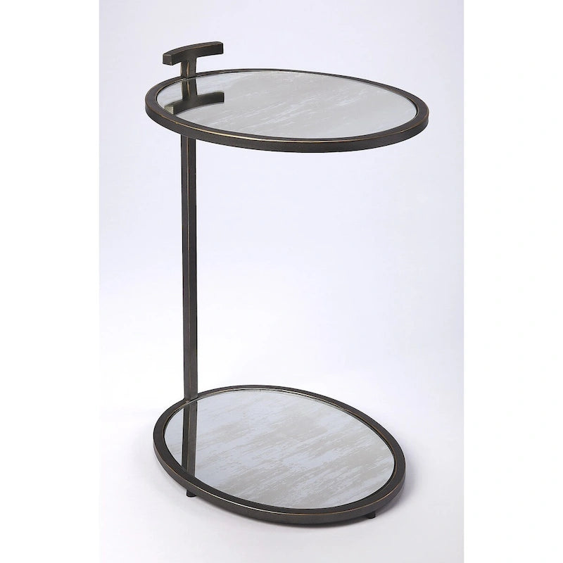 Metal & Mirror Side Table – Gold / Black, Antique Mirror Top, Lower Shelf, Contemporary Style