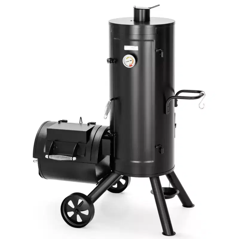 Garden GROTTO Charcoal Vertical Smoker and Offset Grill Combo  Extra Large Outdoor BBQ with 5 Removable Grates & Meat Hooks.