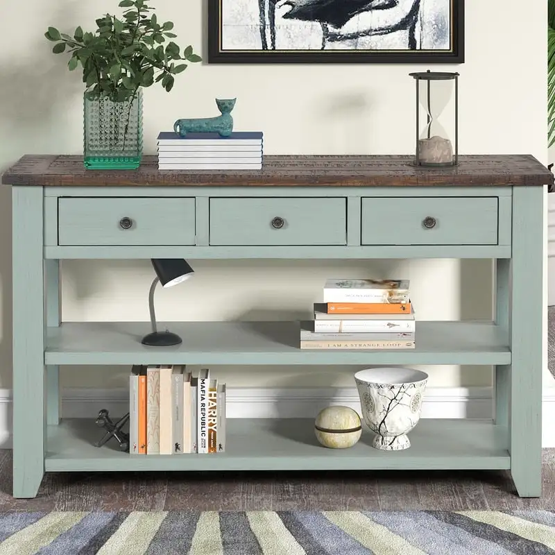 Wood Console Table with 3 Storage Drawers and 2 Shelves