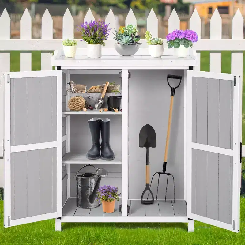 Outdoor Storage Cabinet, Potting Bench - Waterproof Wooden Garden Work Station with Galvanized Tabletop, Adjustable Shelves for Backyard/Patio/Lawn