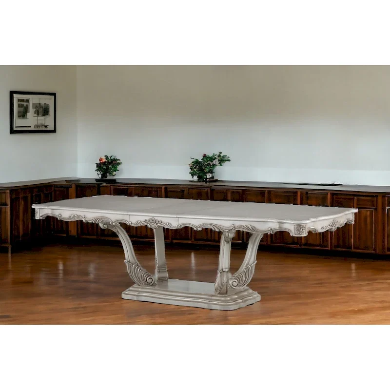 Ornate Off White Solid Wood Rectangular Pedestal Dining Table Classic Style