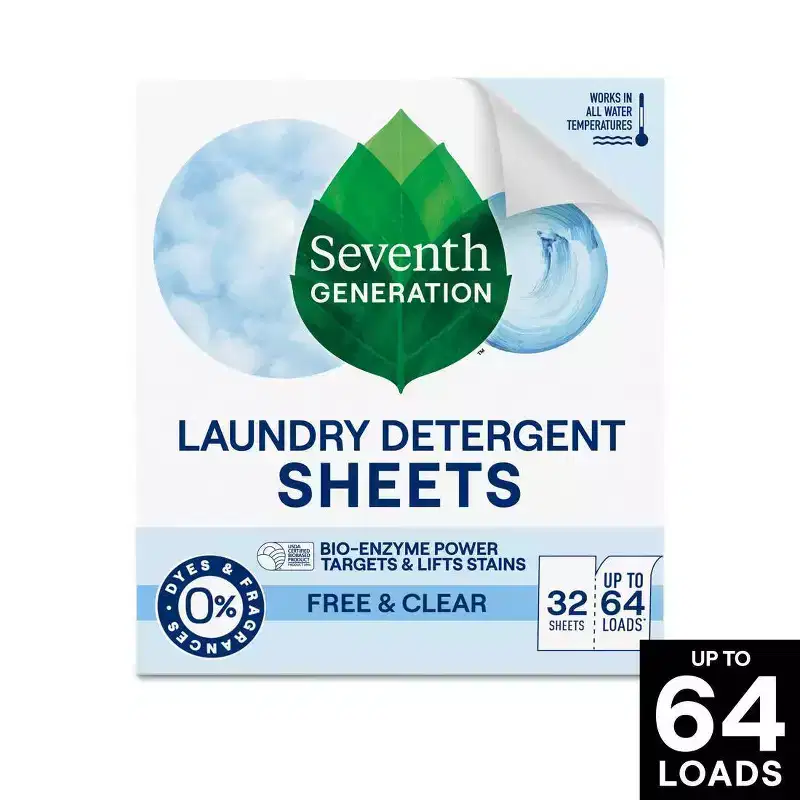 Seventh Generation Laundry Detergent Sheets - Free & Clear - 32ct: Dye-Free, Fragrance-Free, Naturally Derived, Unscented, Concentrated Formula