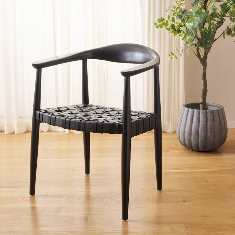 SAFAVIEH Birtie Woven Leather & Solid Wood Accent Chair (Fully Assembled) - W25 x D22 x H22 - 25Wx22Dx22H