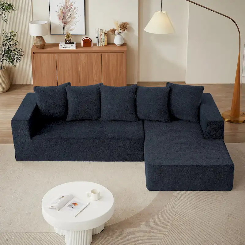 Blue 104.34  Modular L-Shaped 3 Seater Sectional Sofa Set in Luxurious Chenille Fabric Chaise - Minimalist Design
