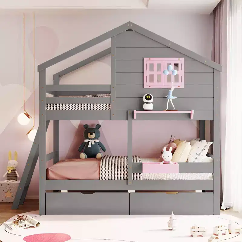 Whisen Twin over Twin Bunk Bed with 2 Drawers, Playhouse-inspired Style