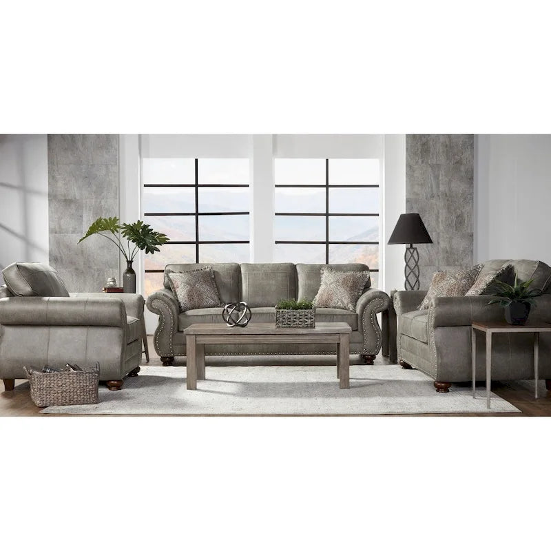 Roundhill Furniture Leinster Faux Leather Upholstered Nailhead Sofa, Loveseat, and Chair Set in Stone Gray