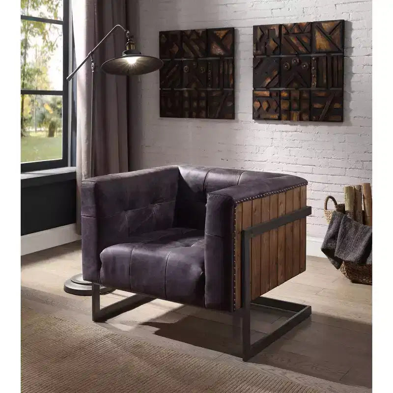 31" Accent Chair Antique Black Top Grain Leather/Rustic Oak -Furniture: No Assembly, Metal Frame, Spot Clean