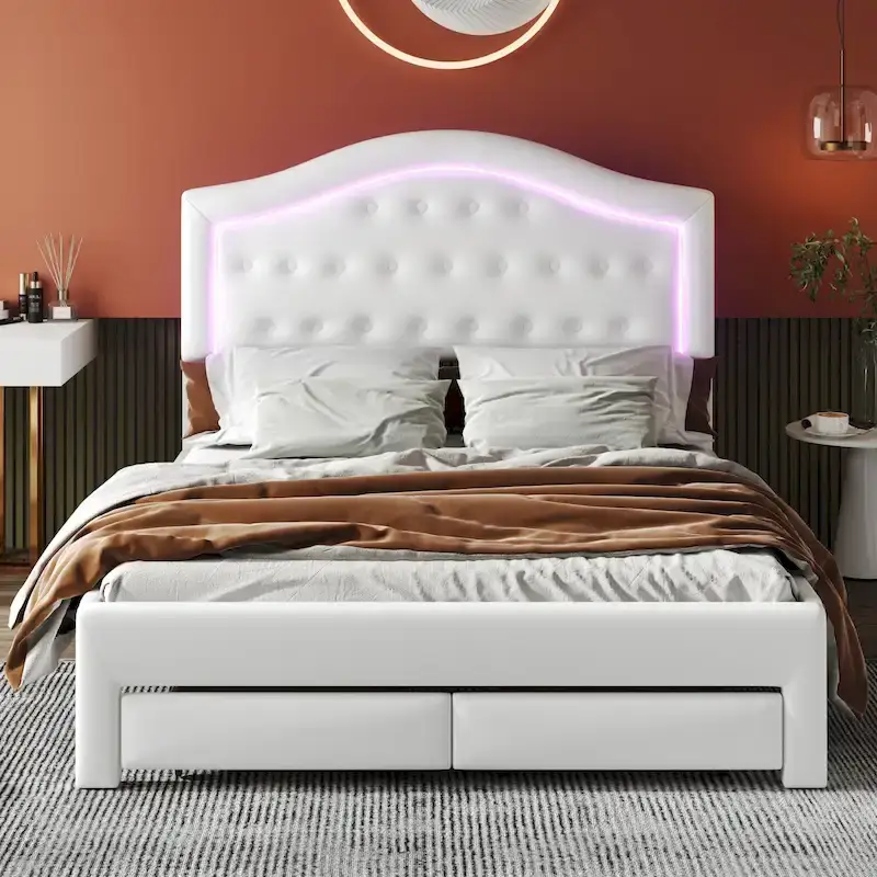 Upholstered Platform Bed with Tufted Headboard, LED and Two Drawers for Bedroom