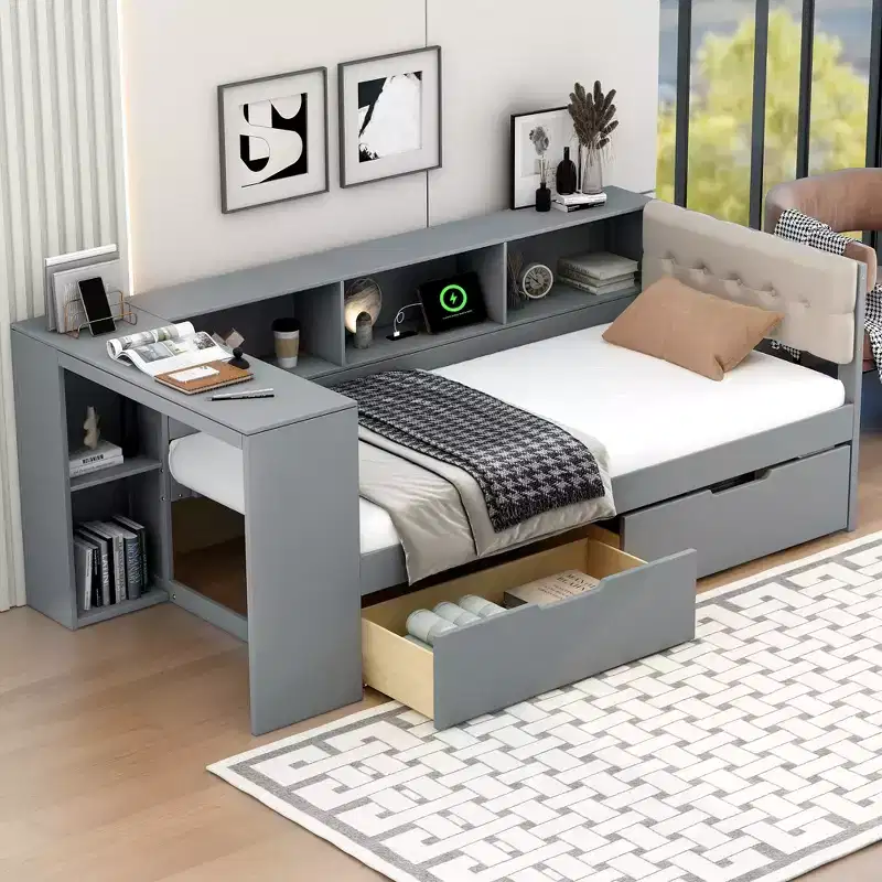 GDFStudio Scott Platform Bed with Storage Shelves, Drawers, Charging Station and Upholstered Headboard