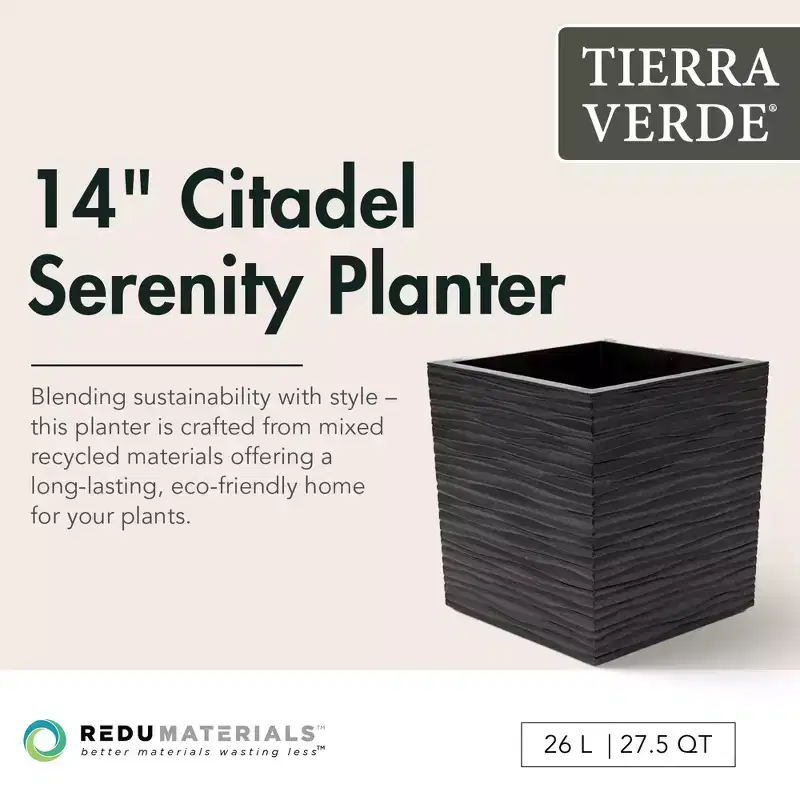 Tierra Verde 14 Citadel Serenity Planter, Self Watering Design with a Removable Plug to Avoid Over Watering, Made From Recycled Materials, Black