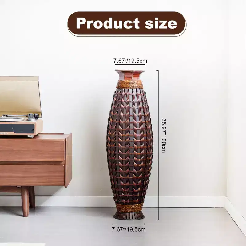 NAYSAYE Handwoven Natural Bamboo Floor Vase, Boho Rustic Vase for Living Room, Pampas Grass & Dried Branches Decor, Acacia Wood, 9.84*9.84*40.9