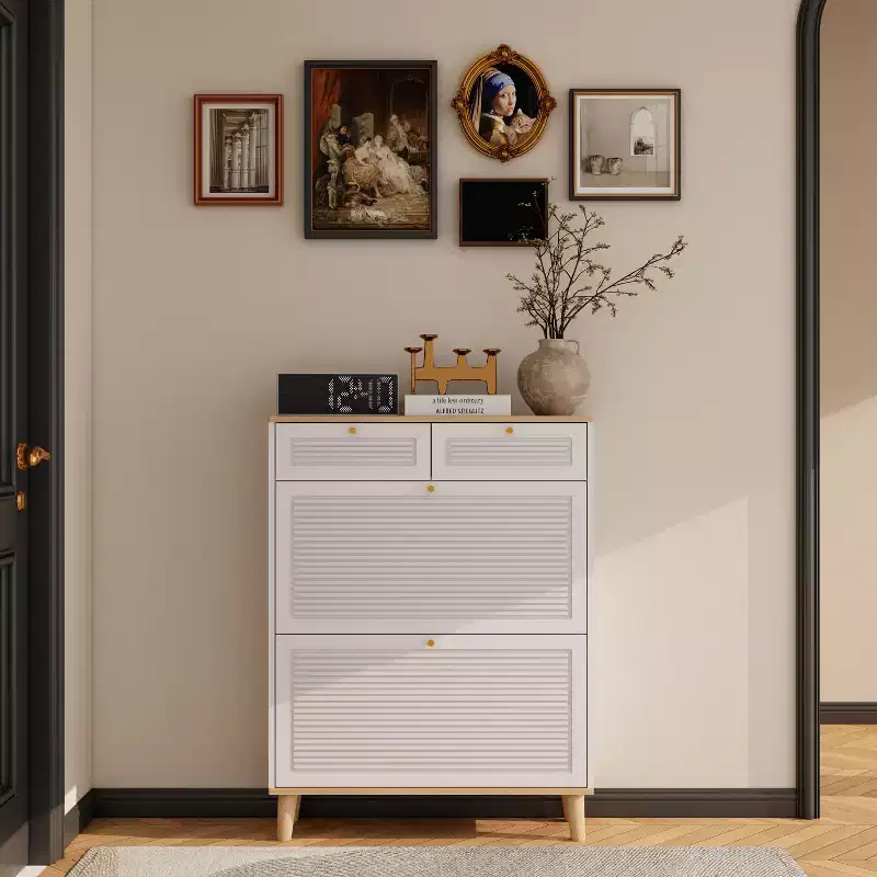 Freestanding Flip-Door Wood Shoe Cabinet with Adjustable Shelf & 2 Drawers