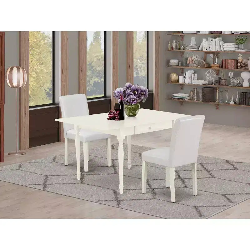 HomeStock 3-Pc Linen White Finish Solid Wood Top with Dropleaf Dining Table Set - Seats 2