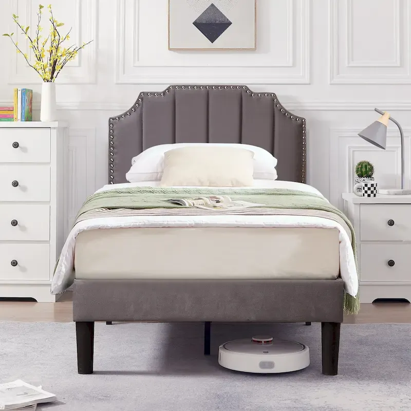 Upholstered Platform Bed Frame with Nailhead Trimmed Adjustable Height Headboard, No Box Spring Needed