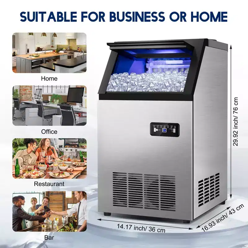 Denjol 14-Inch Commercial Ice Maker - 120 lb/24H Full Cube Production, 35 lb Storage Freestanding Unit