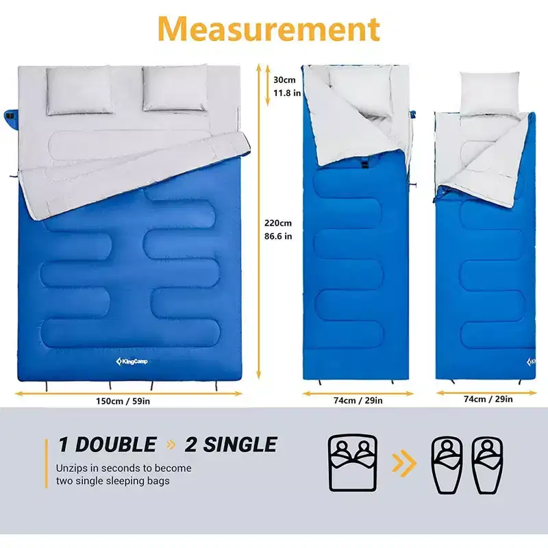 KingCamp 87x59 2 Person 20 Degree Family Couple Sleeping Bag w/2 Pillows