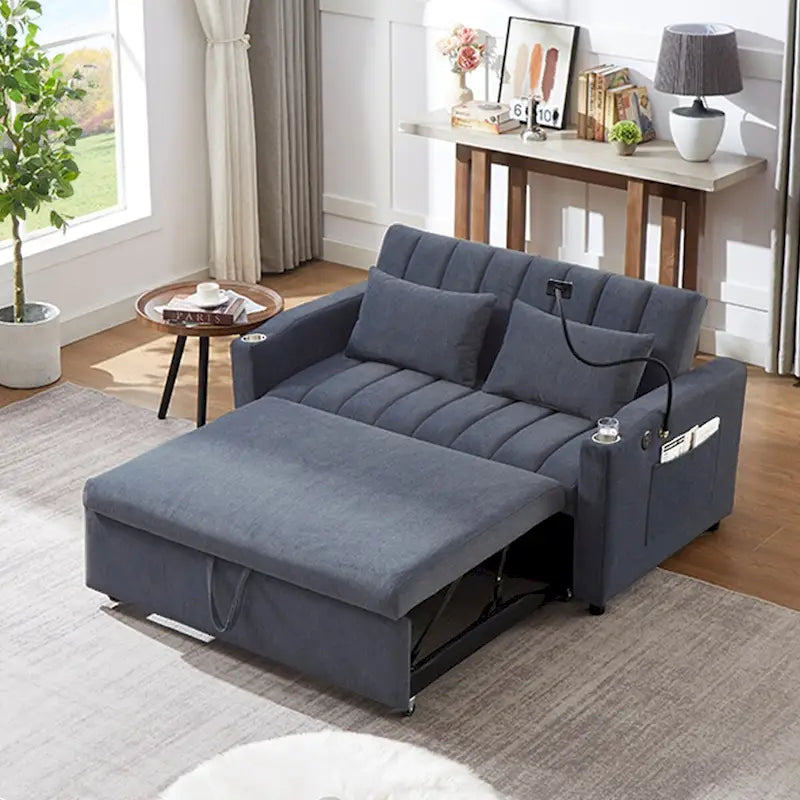 Convertible Sofa Bed with USB Ports, Side Pockets and Swivel Holder