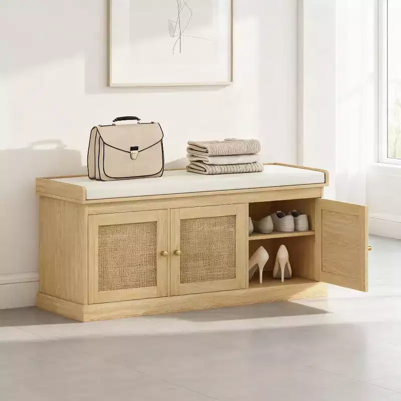 41 Country-Style Shoe Storage Bench with Woven Rattan Doors, Small Entryway Bench with Removable Linen Cushion for Small Spaces