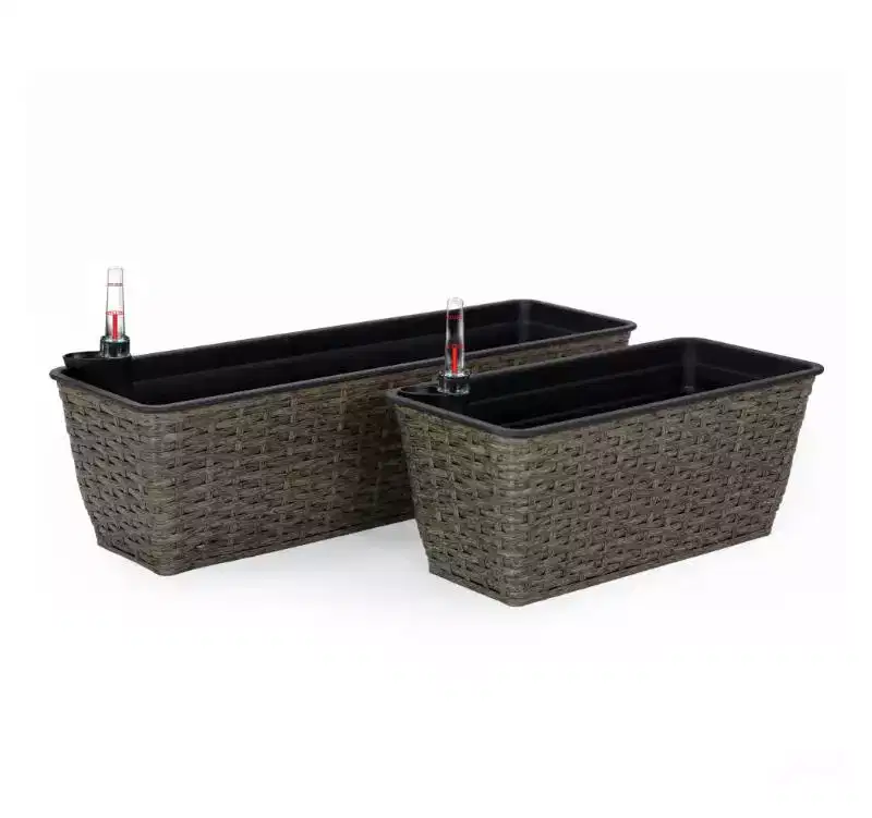 Self-Watering Planters, 2-Pack Plastic & Rattan Woven Rectangular Pots, Automatic Watering for Indoor & Outdoor