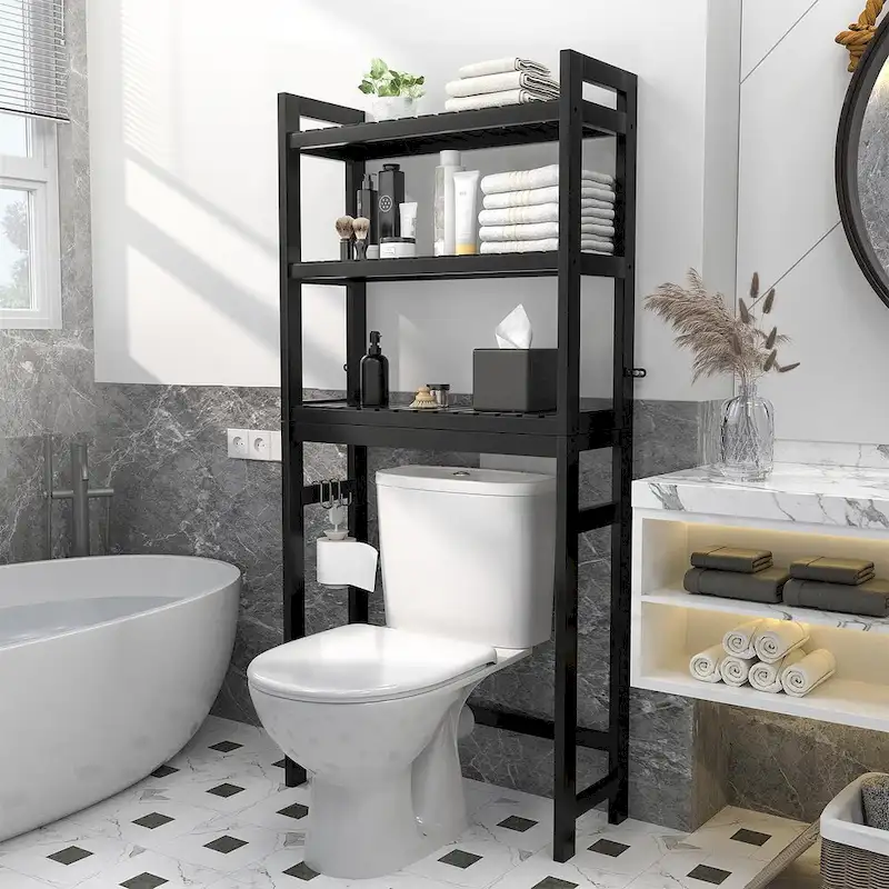 Over The Toilet Storage Shelf, Bamboo 3-Tier Above Toilet Storage Rack with 3 Hooks